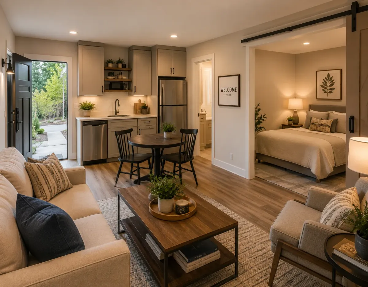 UpTown Woodbridge interior rendering — modern living and kitchen space
