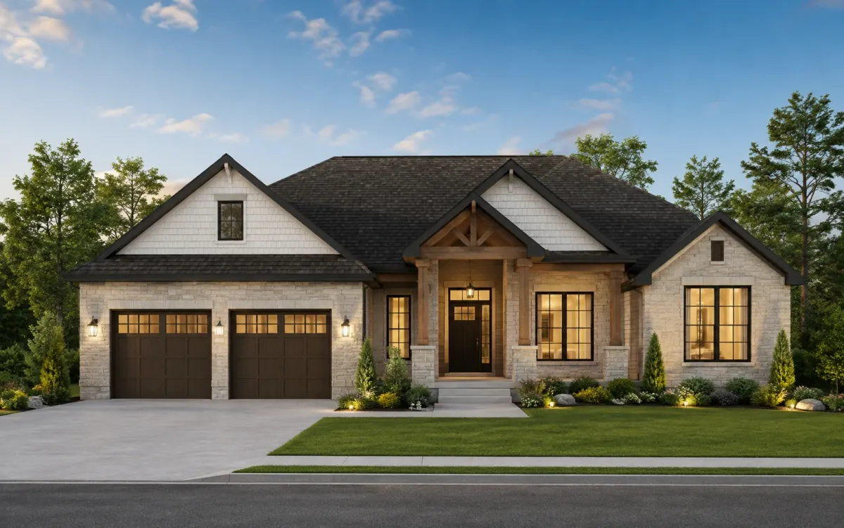 UpTown Woodbridge single family home rendering — craftsman stone exterior