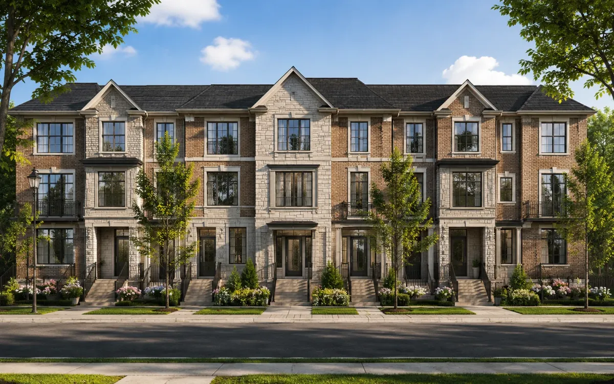 UpTown Woodbridge townhome row rendering — freehold towns in Woodbridge